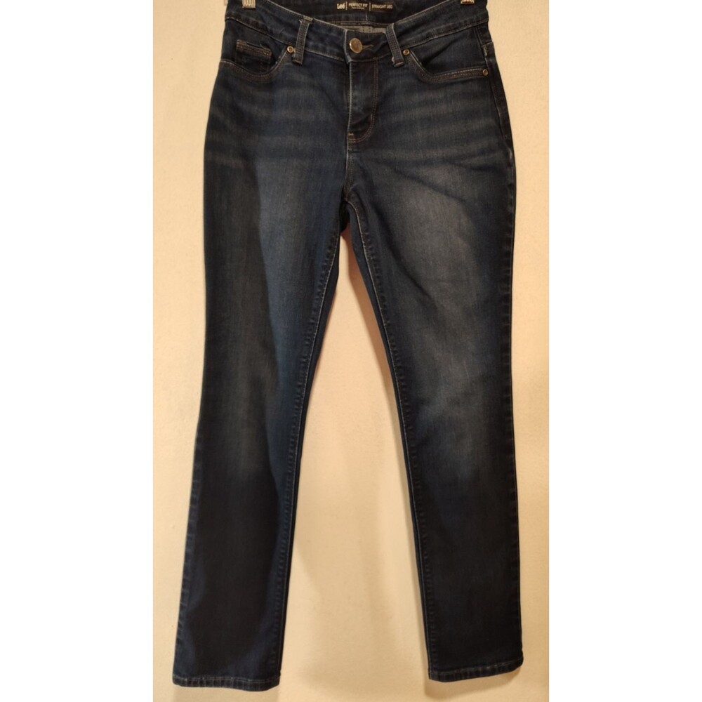 Lee Women Blue Jean Size 4 Medium Perfect Fit Denim Straight Leg Dark Wash